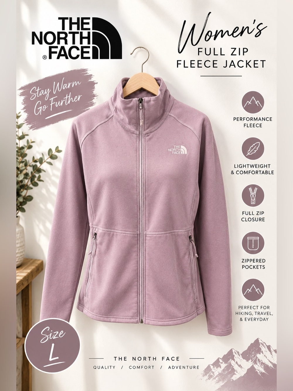 The North Face Women’s Large Pink Full Zip Fleece Jacket Outdoor Hiking